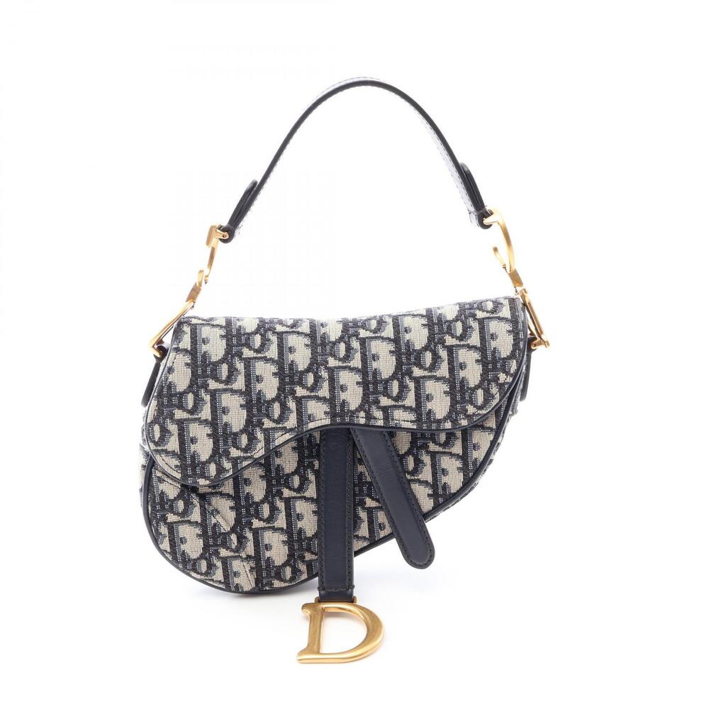Christian Dior Saddle Bag Oblique Jacquard Handbag Canvas Leather Beige Navy